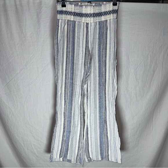 Indigo Rein Pants - Linen Blend Striped Wide Leg Blue White Smocked Pants Indigo Rein Womens Size M